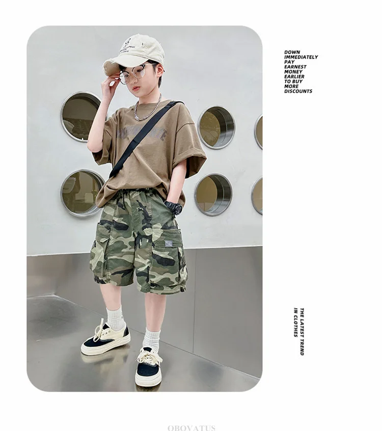 Kinder Sommer Camouflage Shorts für Jungen im Teenageralter, Freizeitkleidung, Baumwolle, elastischer Bund, Cargo-Shorts mit Tasche für Teenager. – Detail 6