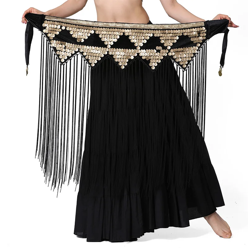 Cadena de cintura de danza del vientre dinámica para mujer, adorno de cintura, borla larga triangular, lentejuelas de Baile Oriental, bufanda de cadera negra, nuevo