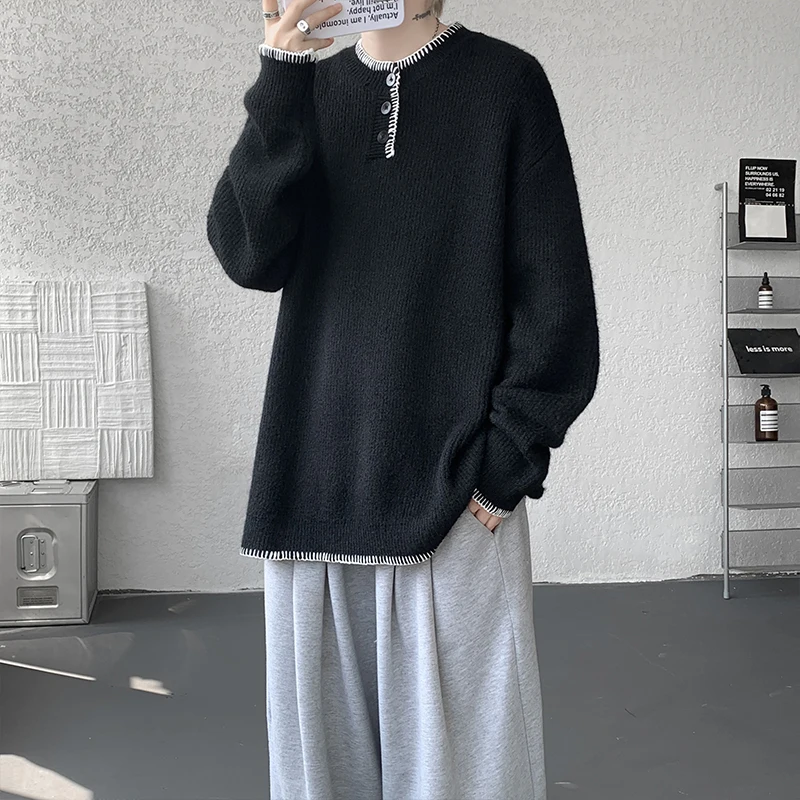 الشتاء الأخضر سترة الرجال الدافئة الأسود بلوفر مغزول الرجال الشارع الشهير الكورية فضفاضة طويلة الأكمام سترة رجالي البلوز الملابس #4