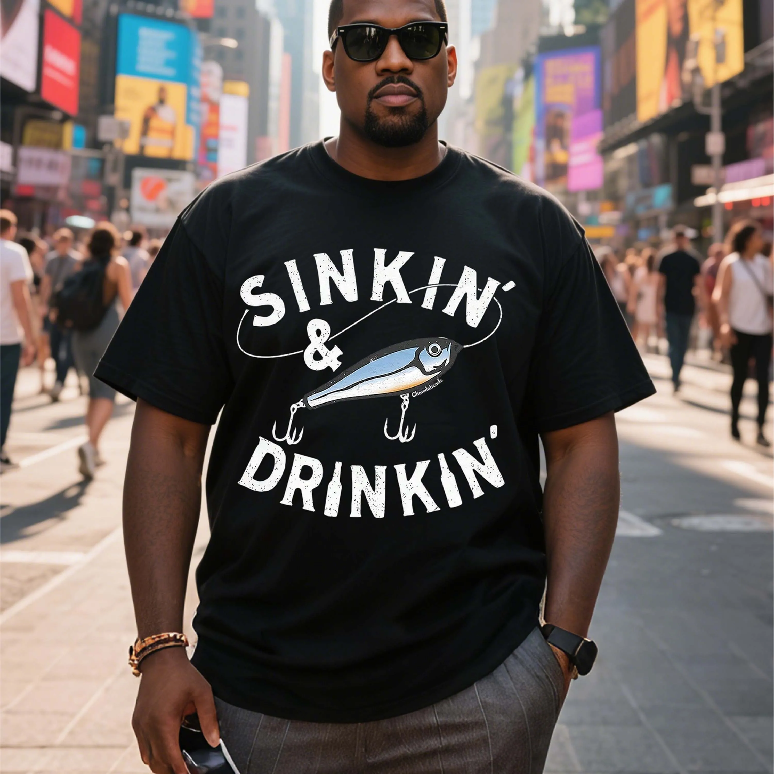 

Черная футболка больших размеров с короткими рукавами и узором «Sinkin' & Drinkin» подходит для летней одежды для отдыха на открытом воздухе