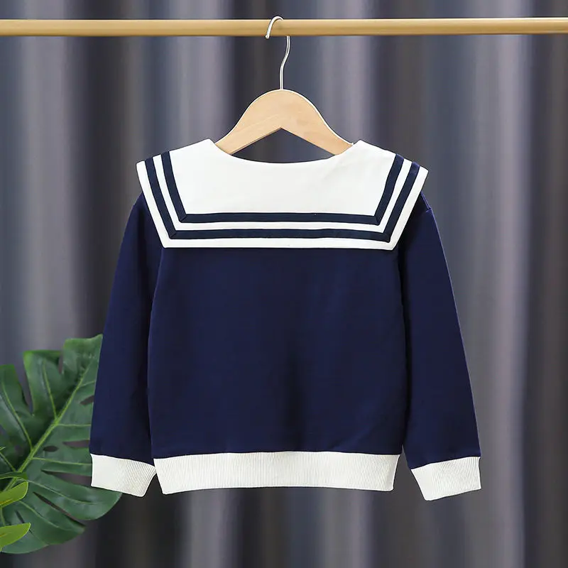 Kids Girls Tops Spring Autumn Cotton Navy Collar Bow Hoodies for Teenager Girls Casual Loose Hooded Sweater Children\'s Clothing