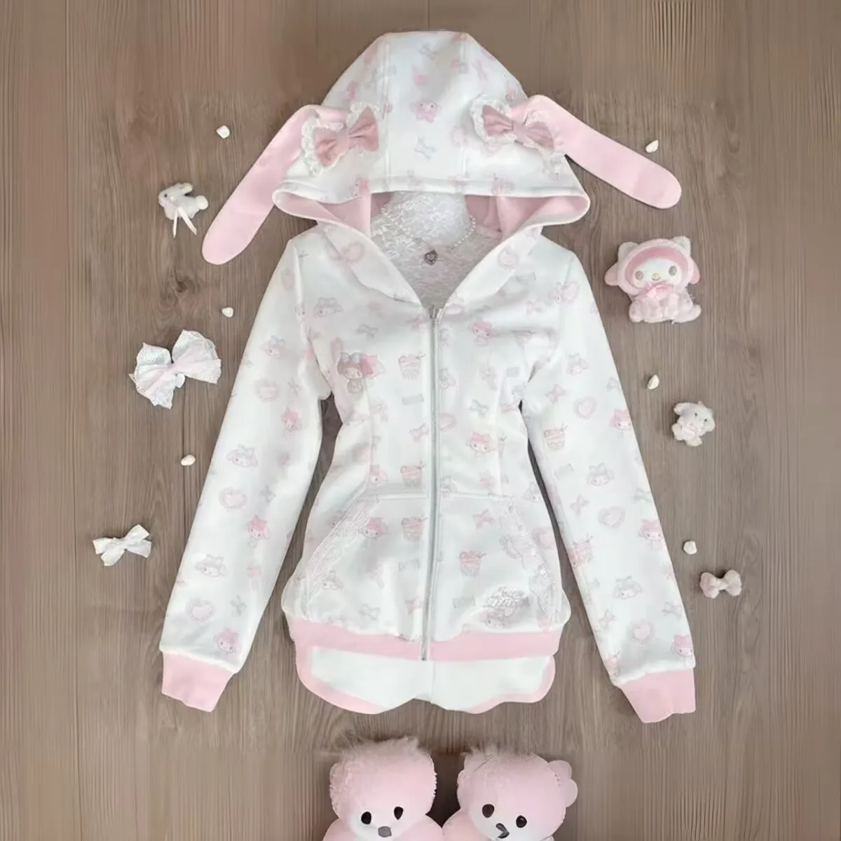 Harajuku ญี่ปุ่น Kawaii เสื้อการ์ตูนกระต่ายพิมพ์ Hoodie Y2k สีชมพู Subculture Bow Zip Up Hoodie ผู้หญิง Slim Anime Hoodie