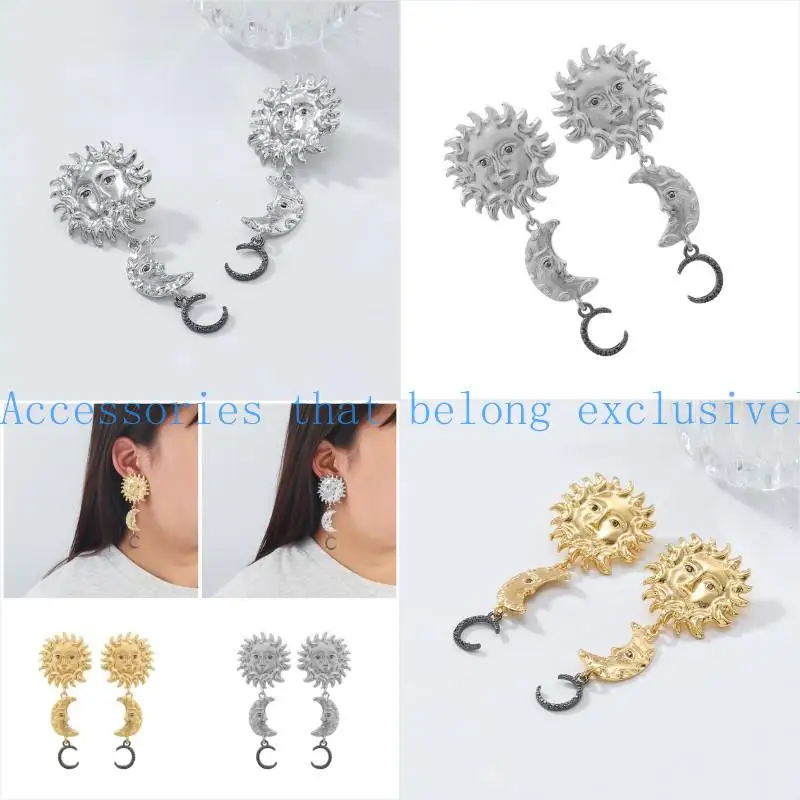 

31BB Modern Sun Moon Drop Earrings Geometric Alloy Statement Jewelry Sun Moon Ear Studs For Daily Outfits And Beach Trips