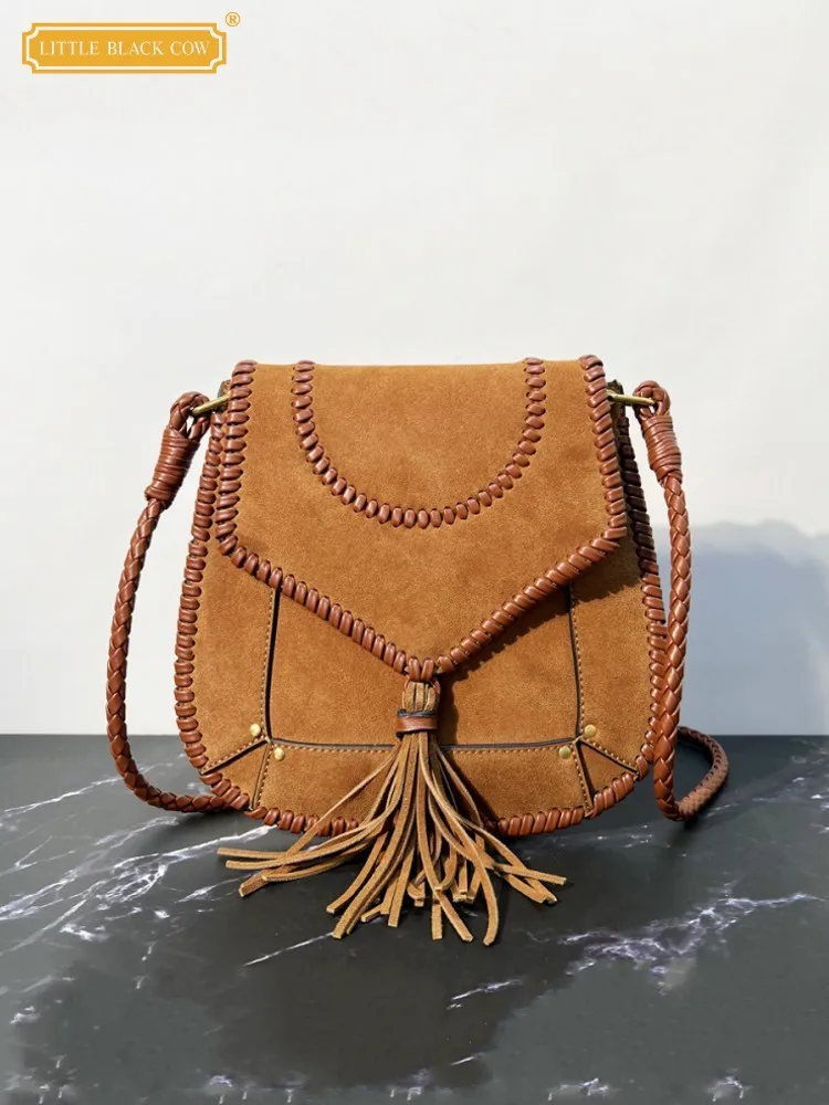 

Designer Women Patchwork Flap Pocket Tassel Suede Rivets Saddle Underarm Bag Single Shoulder Handbag Female Street Crossbody Bag