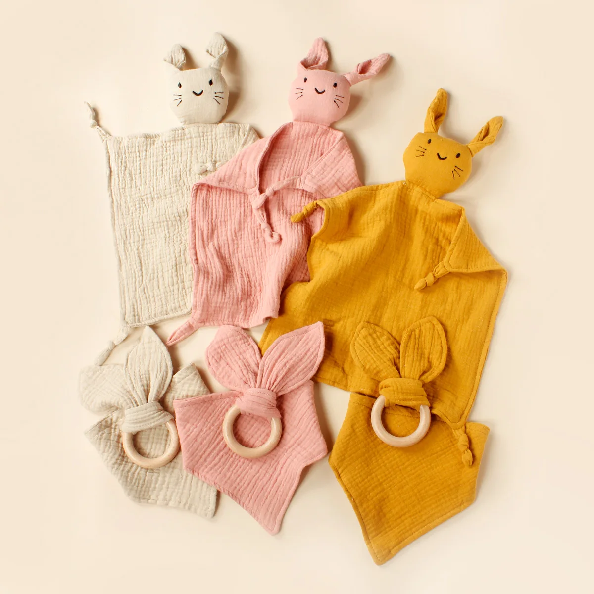 3pcs Set Cotton Muslin Baby Bib Stuffed Rabbit Doll Newborn Appease Towel Security Blanket Baby Sleeping Cuddling Towel Teether