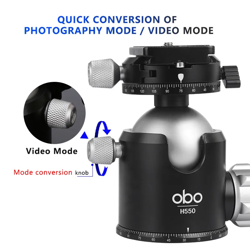 Obo H550 Universal Double Panoramic Spherical Tripod Ball Head Heavy Load Black Aluminum Alloy Camera Stabilization Adapter Base