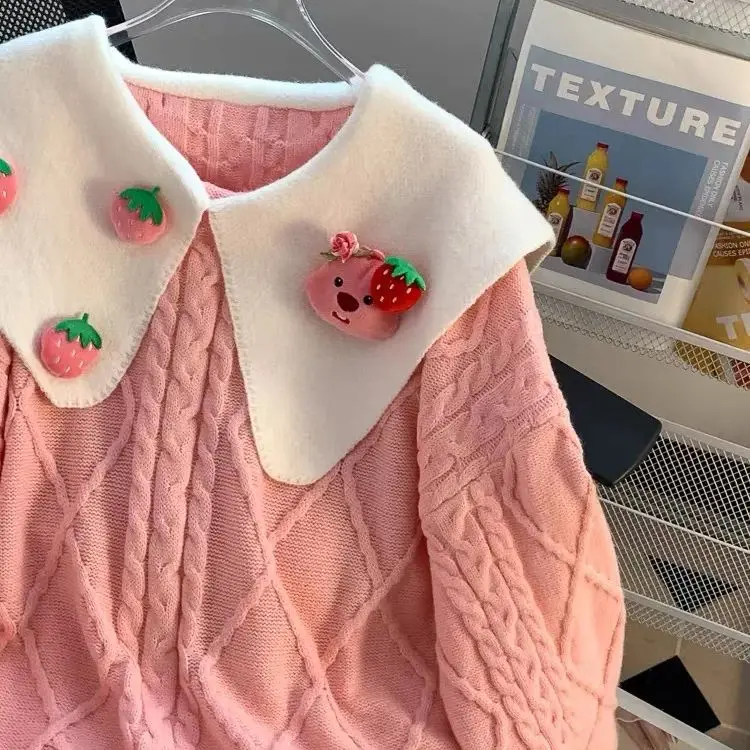 Hsa Korean Kawaii Sweater Women Harajuku Knitted Jumper Loose Casual Strawberry Twisted Knitwear Tops Cute Y2K Jumper Streetwear