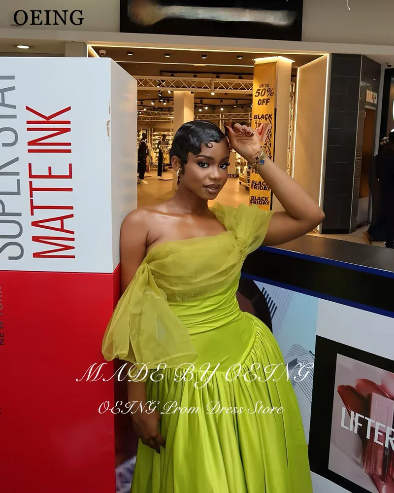 OEING Light Green A-Line Prom Dresses Off The Shoulder Pleats Sleeveless Satin Party Gowns Ankle Length Evening Dress Customized image 3