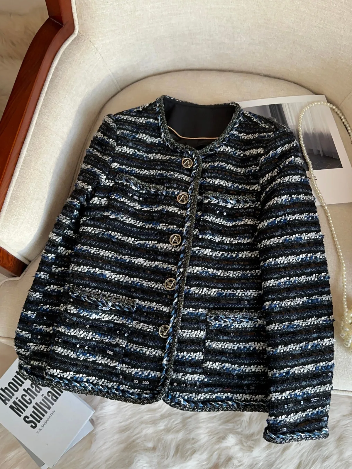 

Женский вязаный твидовый костюм с пайетками и полосками, осенне-зимний, премиум-класса, A72009, для повседневной носки, свободный крой