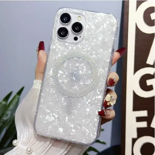 

Fashion Woman Glitter Bling Shell texture Magnetic Magsafe Phone Case for iPhone 15 14 13 12 11 Plus Pro Max IMD Cover