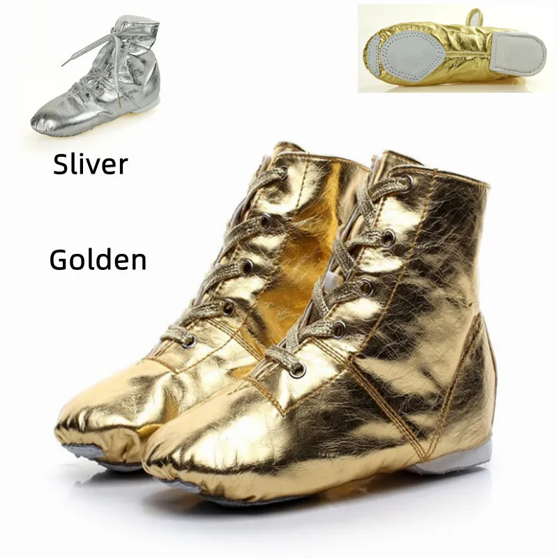 

New Gold Silver Jazz Shoes Lace Up PU Modern Dance Stage Performance Boots Square Soft Sole Dance Sneakers