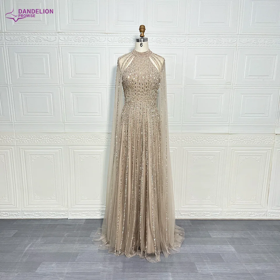 Elegant Arabic A Line Cape Sleeves Evening Dress 2024 for Women Beaded Luxury Dubai Formal Prom Wedding Party Gown Customized image 5