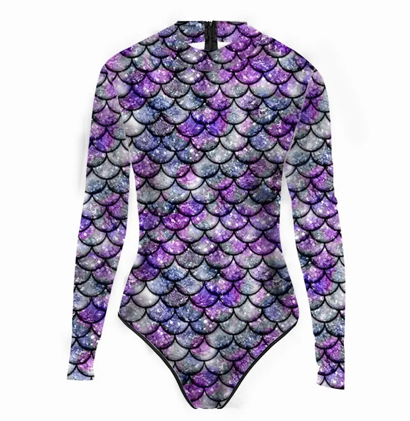 Multi-Color  Swimsuit Women's Long Sleeve One-piece Zipper Swimsuit 3D Printed Fish Scale Mermaid Swimsuit Women Beach Wear