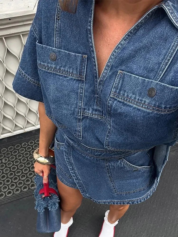 الشارع قمصان الدنيم أضعاف تنورة مجموعة النساء التلبيب قصيرة الأكمام جيب قمصان غير المتماثلة التنانير الصغيرة الصيف سيدة ملابس غير رسمية #4