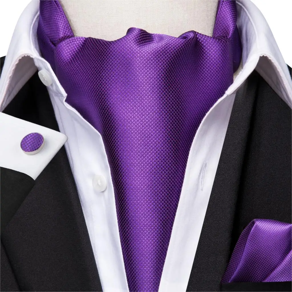 Men Silk Ascot Ties Solid Purple Cravat Formal Ties Pocket Square Cufflinks Set Gift for Father/Husband Hi-Tie AS-1001 Wholesale