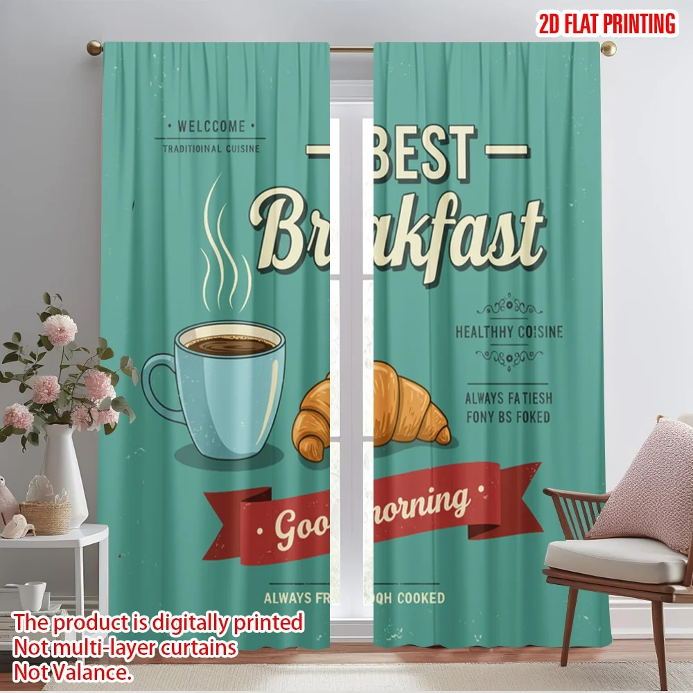

2pcs 2D flat printing Drapes Traditional Breakfast Coffee Croissant Polyester Without Electricity Festive Wall Decor Use for