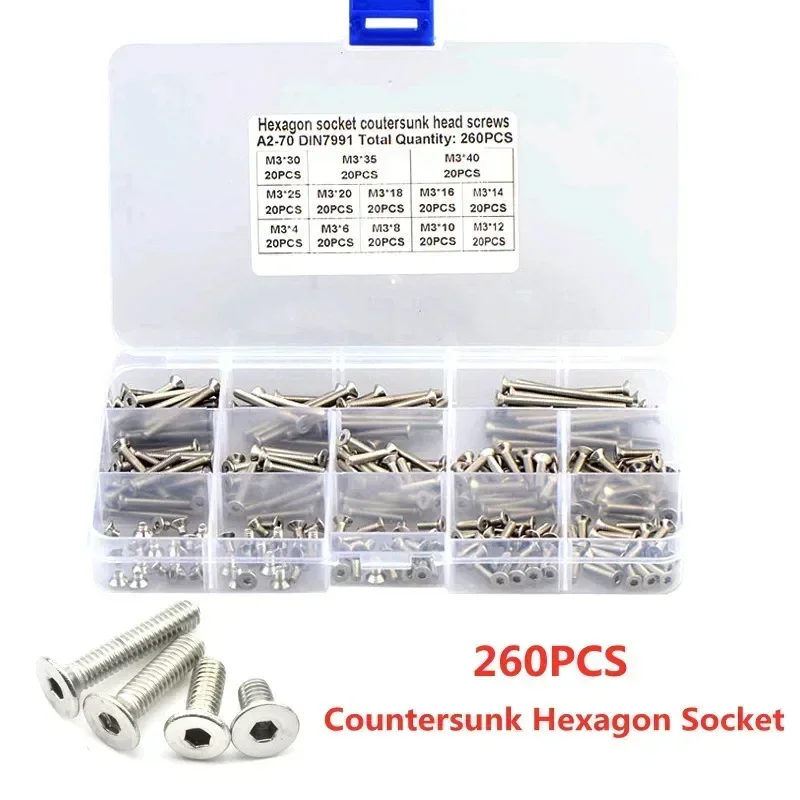 

260pcs M3 Hex Hexagon Socket Countersunk Head Screw Kit Stainless Steel 304 DIN7991 Flat Head Bolt Screw Combination Set