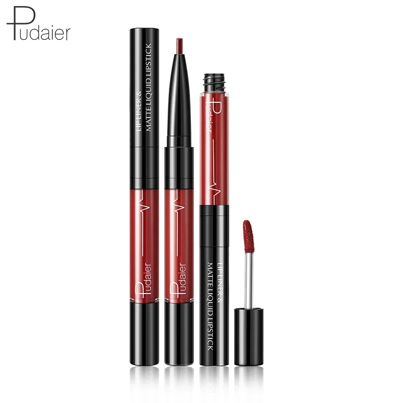 Pudaier 2 in 1 Velvet Mist Combined Double Lipgloss Lipliner Pencil Waterproof Long Lasting Lip gloss Pigment Lip Liner Pen
