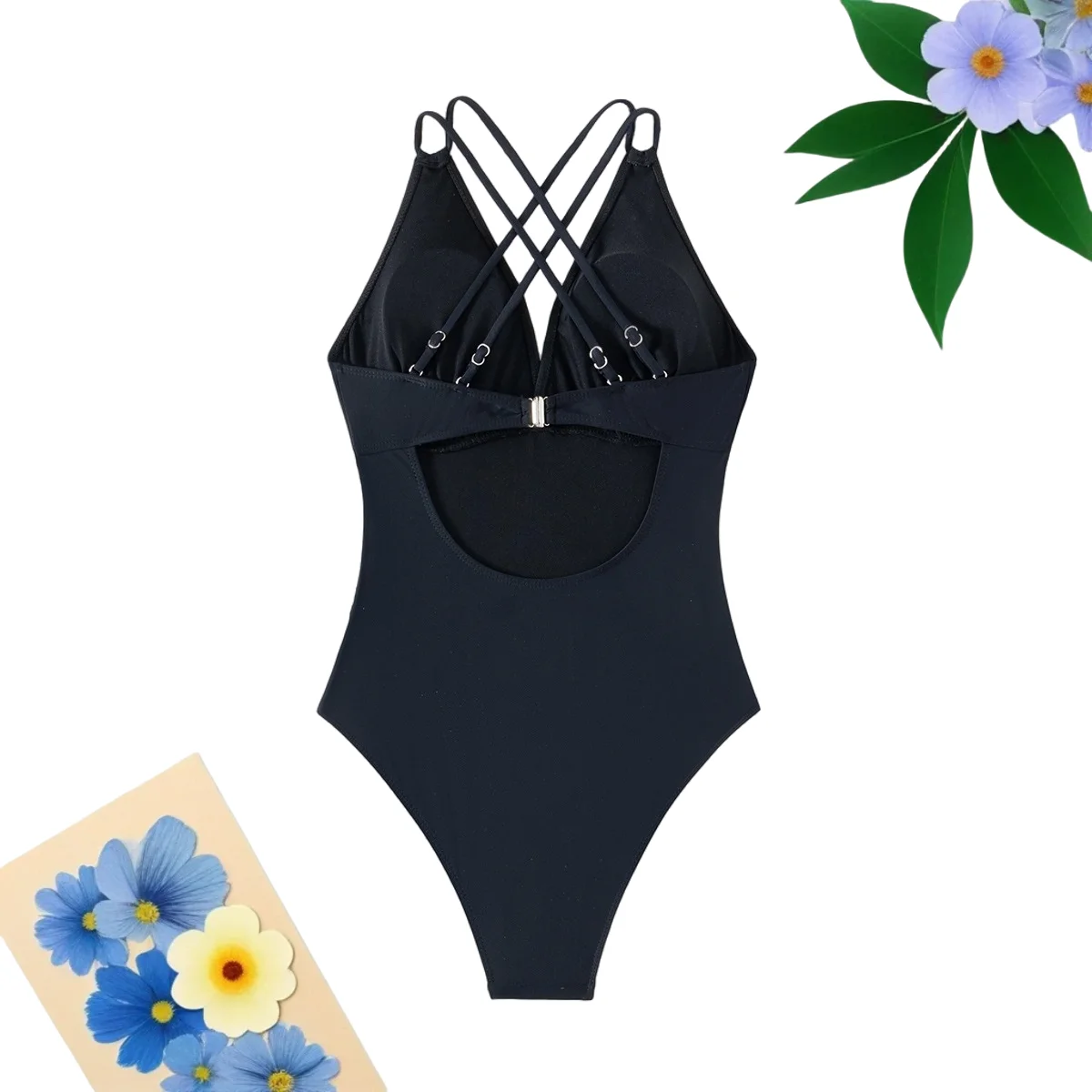 Bikini Sexy con escote en V profundo para mujer, traje de baño de una pieza con espalda cruzada, Bikini hueco, ropa de playa unicolor a la moda para mujer, traje de baño Tropical