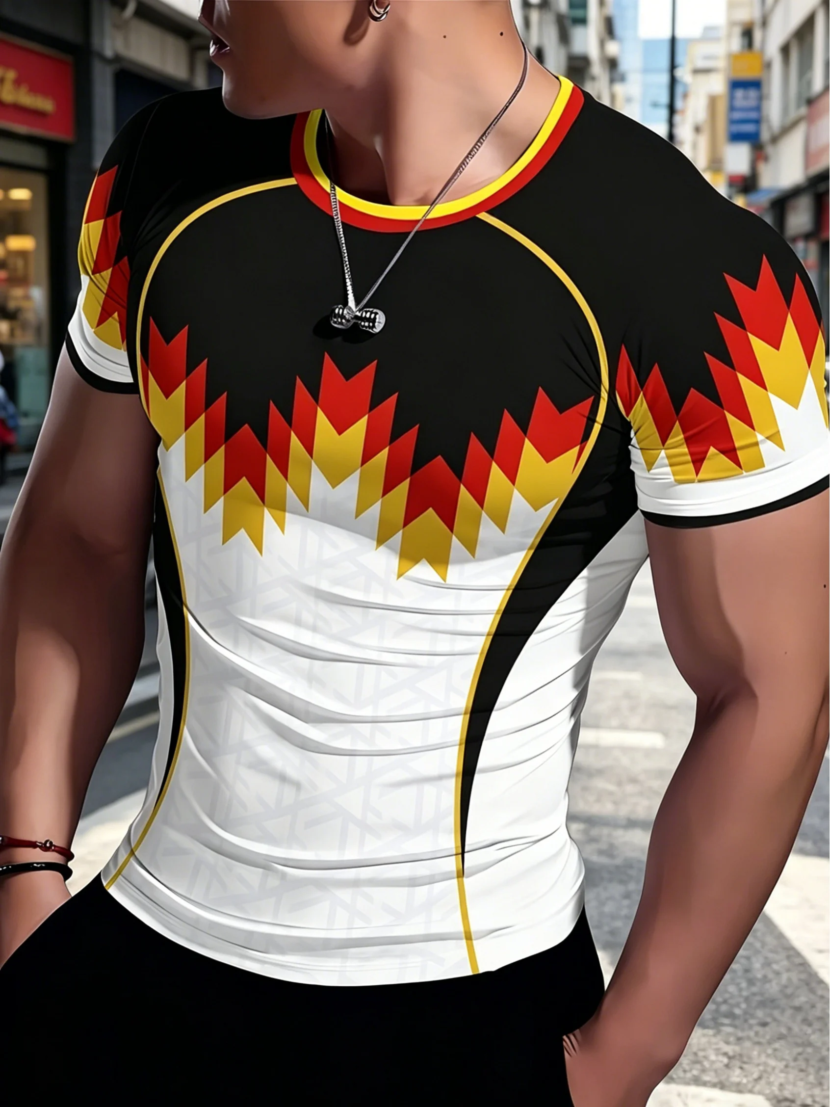 Men Quick Dry Compression Shirt Triangle Gradient Print Short Sleeve Sports Top