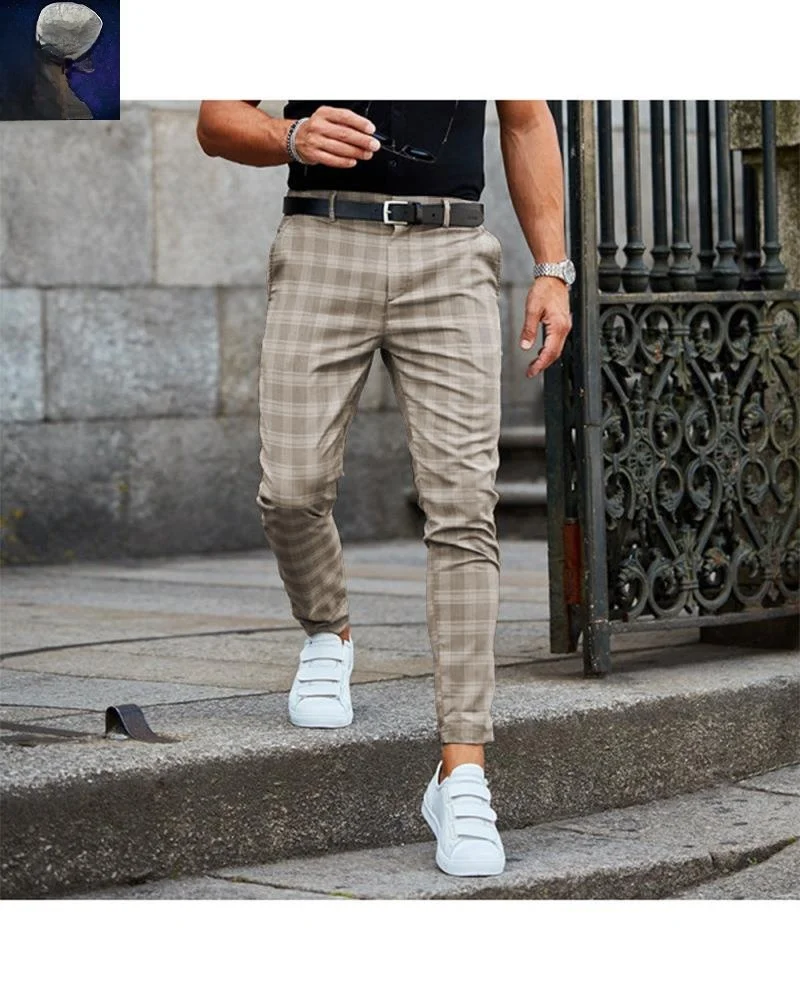 

Men's Casual Loose Trousers 202 Summer New Plaid Long Pants Faionable All-Match Straight Leg mid Waist ket Design