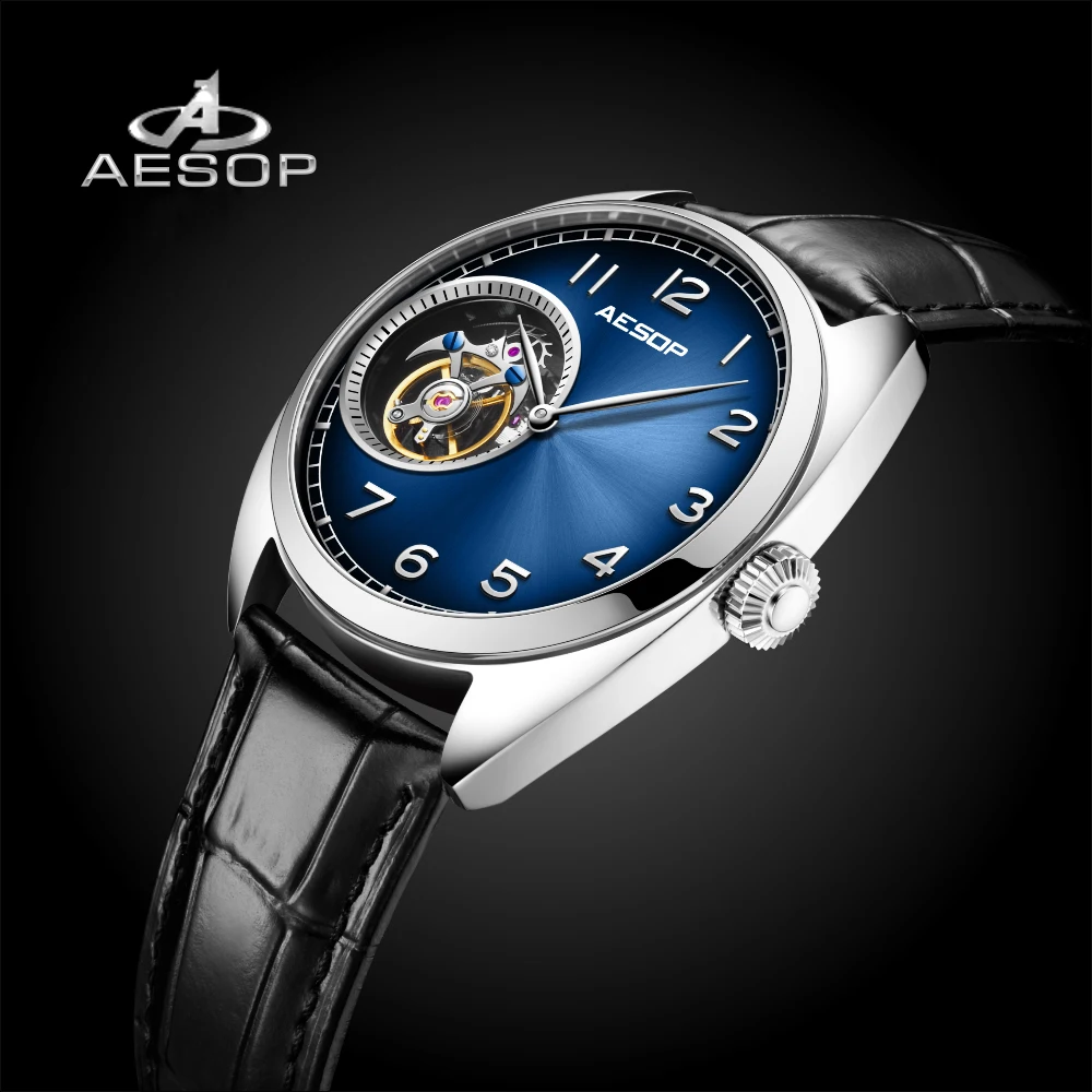 AESOP Real Tourbillon Watch For Men Mechanical Watches Limited Edition Luxury Manual Winding Movement Leather Wristwatches 2023