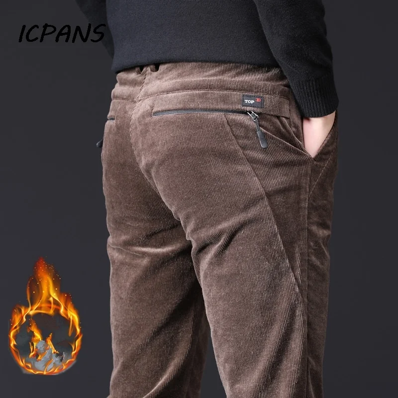 

ICPANS Thicken Fleece Corduroy Winter Pants Men Zipper Black Khaki Pencil Male Trousers of Leisure Men's Casual