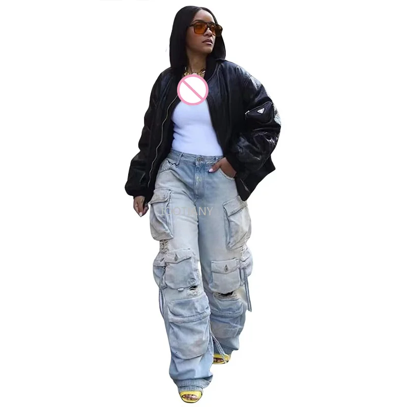 Women Summer Casual Motorcycle Ripped Pant Y2k Streetwear Fashion Trousers High Waist Wide Leg Pants Baggy Denim Pocket Jeans