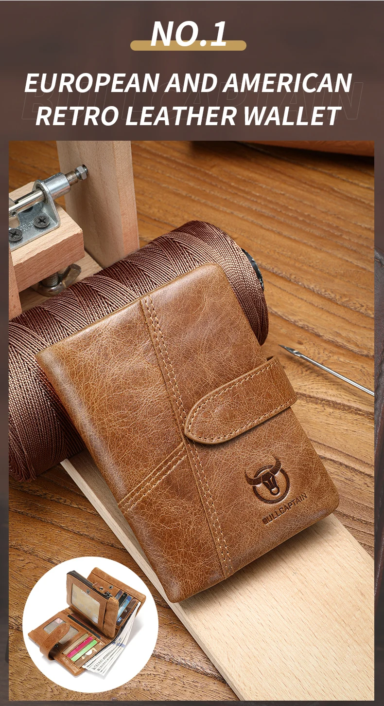 BULLCAPTAIN Herren-Geldbörse aus echtem Leder, Retro-Stil, lässig, dreifach gefaltet, Bargeldclip, RFID-Anti-Diebstahl-Kartenhalter, abnehmbarer Münzhalter – Detail 2