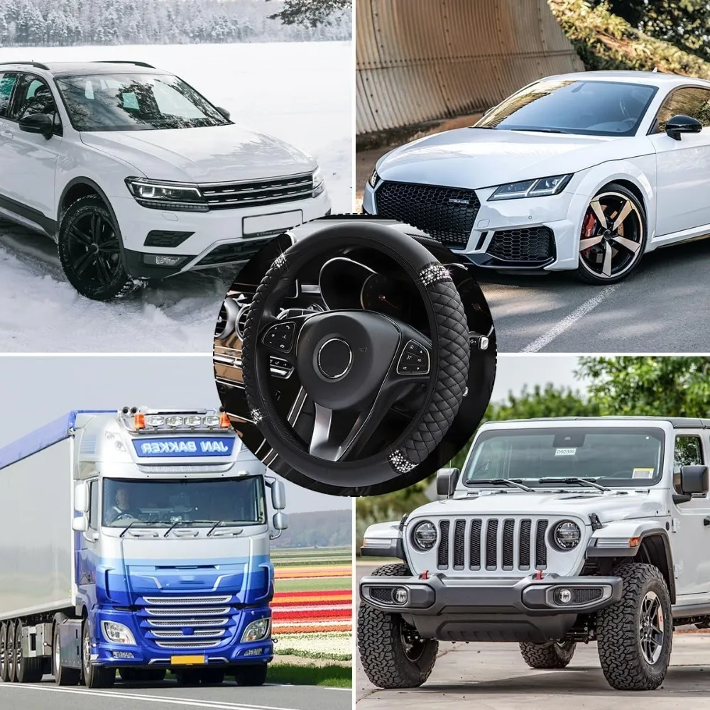 Capa de volante de carro brilhante, protetor de volante elástico de couro macio com strass de 15 polegadas