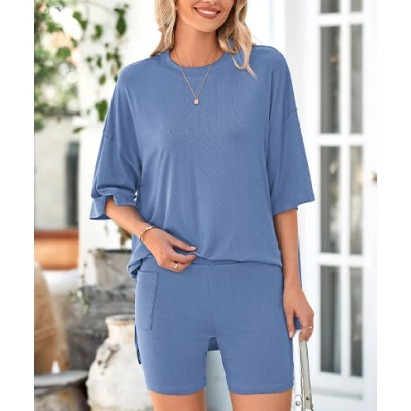 Ensemble 2 pièces pour femmes, col rond, ample, manches courtes, Short, vêtements de détente, confortable, tenue de maison, tenue deux pièces
