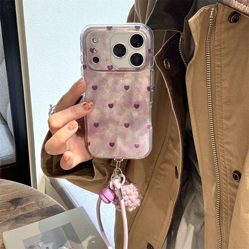

Fashion Purple Small Love Heart Phone Case For iPhone 17 Pro 16 15 14 Pro Max Cover with Bell Hand Rope Cute Protective Cases