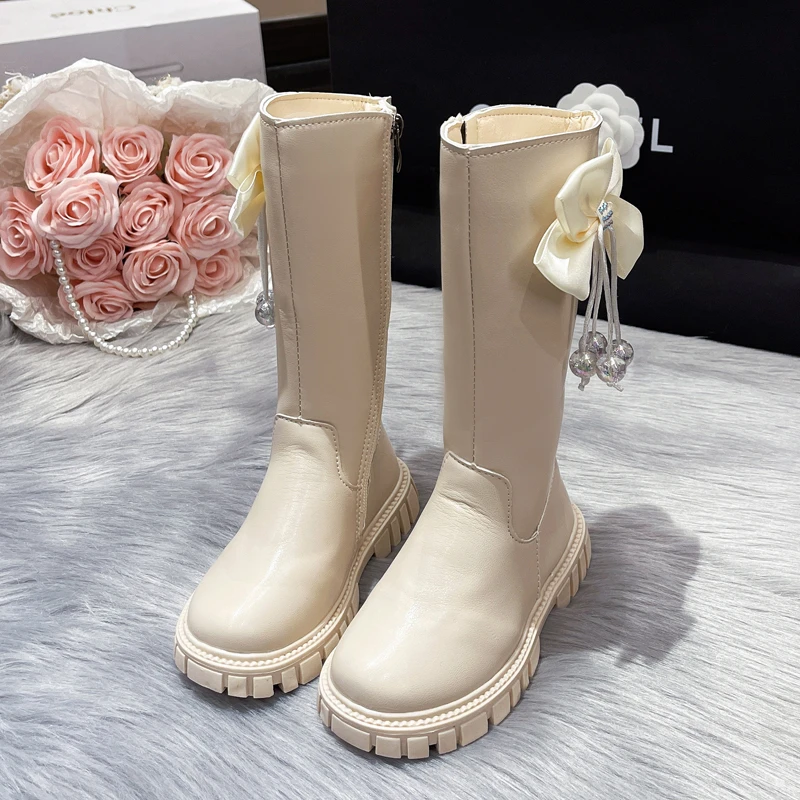 Baby Winter Sweet Girls Crystal Round Toe Cute Catwalk Boots Tall Square Heels Kids Bow Soft Shoes Elegant ZIP Banquet