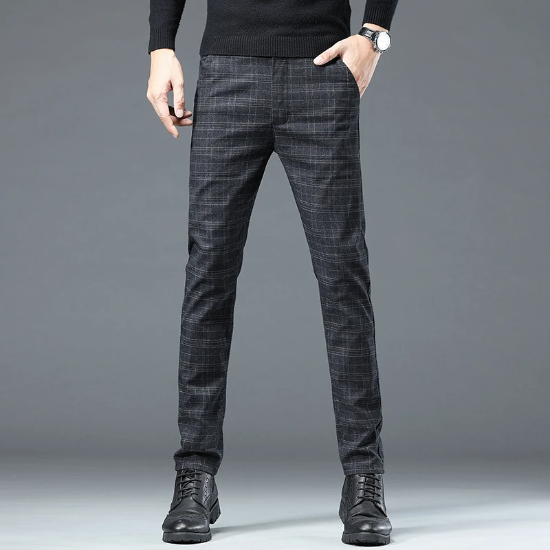 New Korea Business Men Pants Cotton Comfortable Elastic Plaid Casual Fashion Trousers Male Suit All Seasons Male Daily Pant