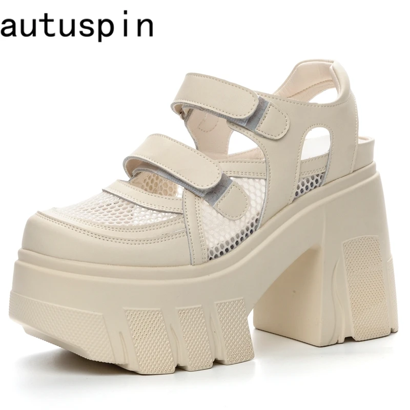 

AUTUSPIN Summer Women Mary Janes High Heels Sandals Fashion Mesh Patchwork Leather Breathable Ladies Shoes Party Wedding Pumps