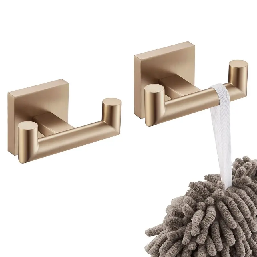 Robe Hooks Bath Towel Hooks Bathroom Hardware Double Coat Hooks Wall Mounted, 2 Pack Champagne Bronze Stainless Steel B1015CPGP2
