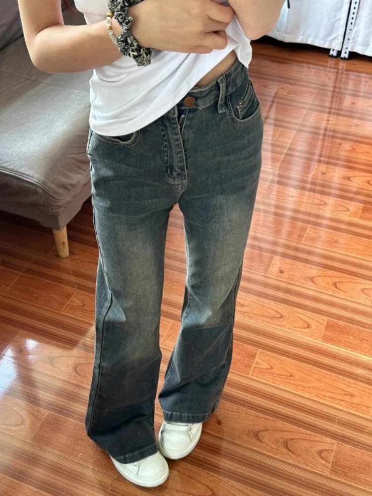 กางเกงยีนส์ทรงขาบานเล็กน้อยบุซับในสำหรับผู้หญิงไซส์ใหญ่ ผ้าเดนิม ทรงเอวสูง กระชับสัดส่วน ยืดหยุ่น ขาตรง กว้าง สำหรับฤดูใบไม้ร่วงและฤดูหนาว
