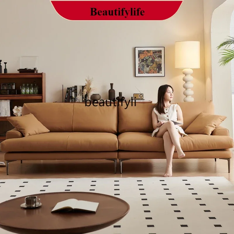 

S132 French antique leather soft sofa living room straight row leather art American sofa