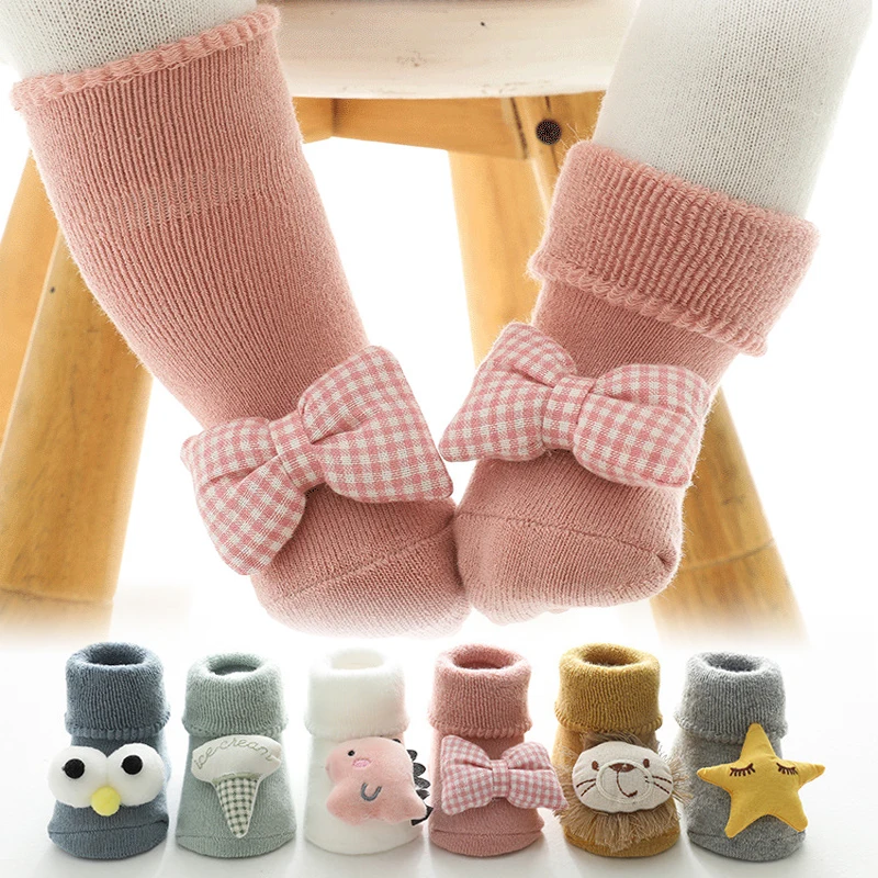 Autumn Winter Baby Girls Warm Cotton Terry Floor Socks Newborn 3D Doll Cartoon Animal Bow Anti Slip Shoes for Infant Boy Clothes