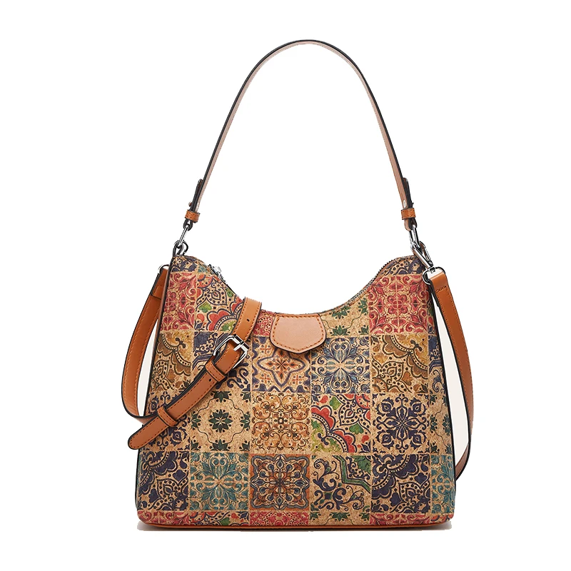 

Shoulder Bags Retro Cork Leather Coffee National Printing Large Capacity Vertical inscription Handbag