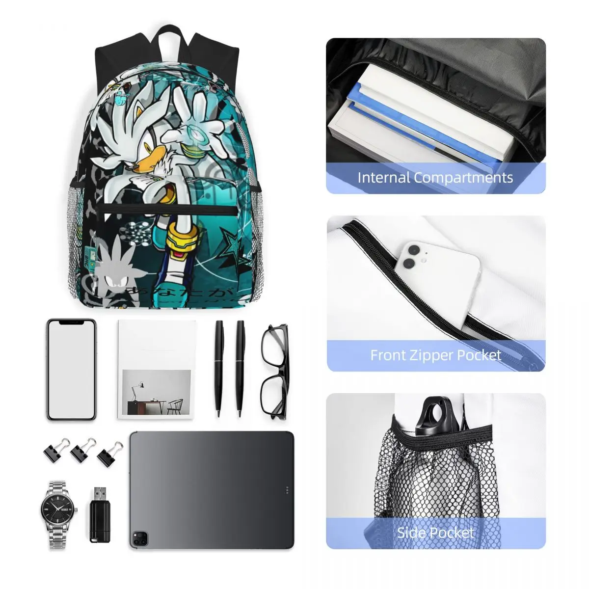 Mochila plateada The Hedgehog Sonic The Hedgehog para estudiantes, mochila escolar, mochila de viaje para senderismo, mochila para niños y niñas, bolsos de hombro