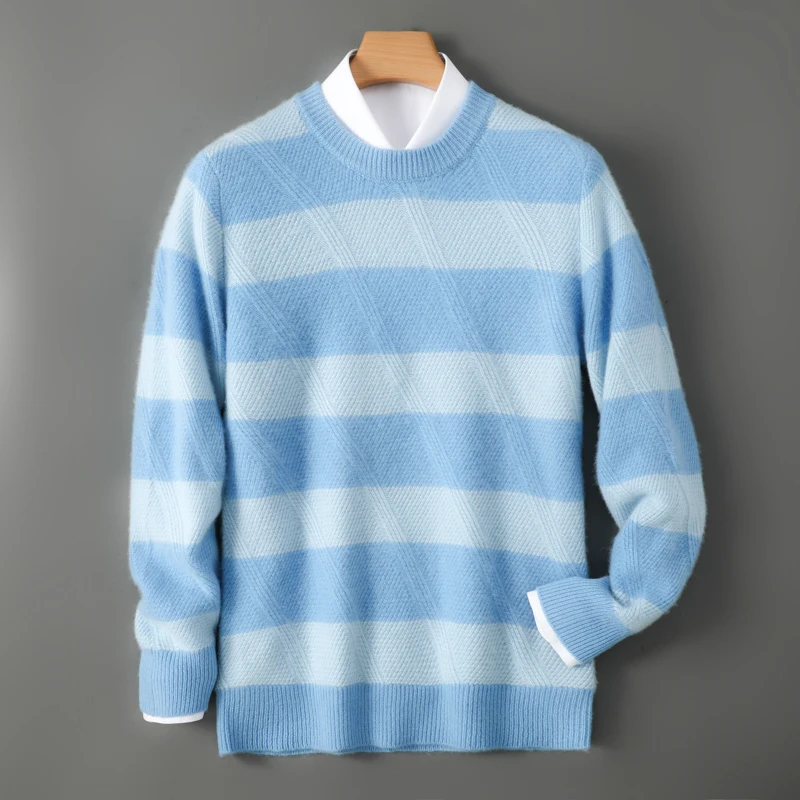 Men's color matching stripe 100% pure cashmere sweater casual padded cashmere bottoming sweater in autumn and winter.