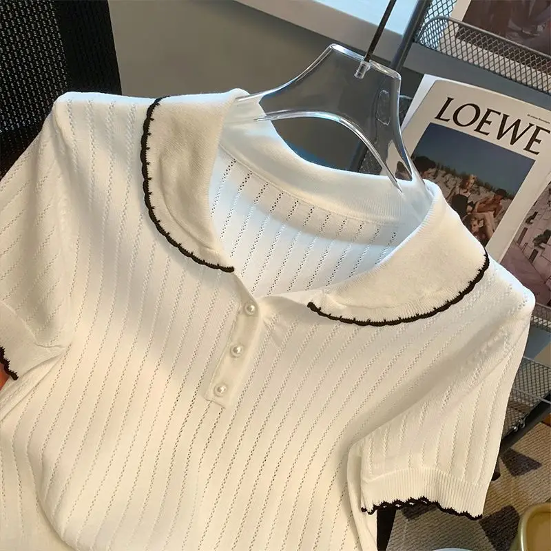 Summer Thin White Vertical Grain Polo Shirts Women Fashion Elegant Hollow Out Button T-shirt Office Lady All-match Knit Tops