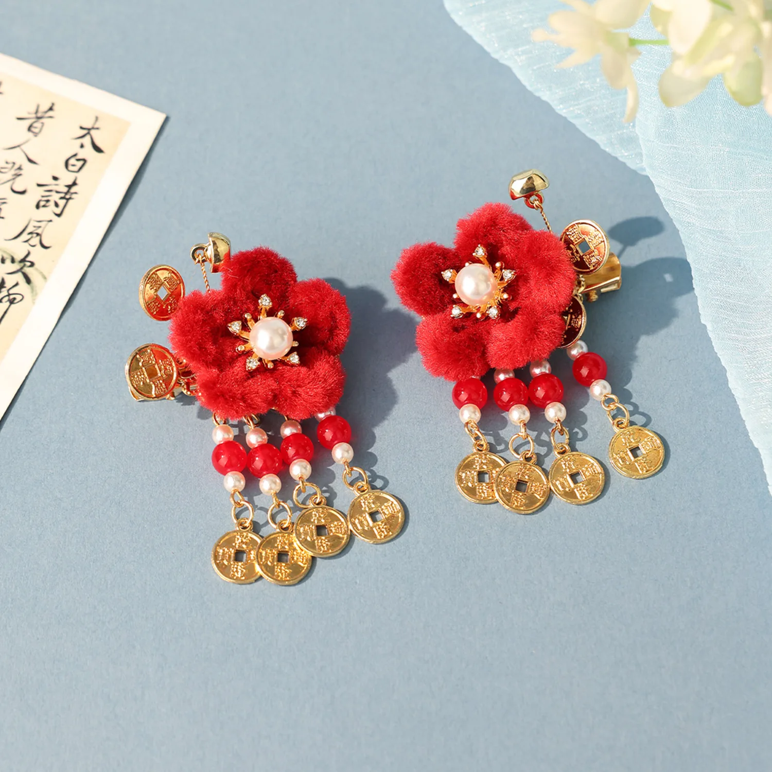 2pcs Red Velvet Flower Hair Clips For Women Chiense Hanfu Costume Accessory Traditional Pearl Tassel Hairpins Classic Barrettes