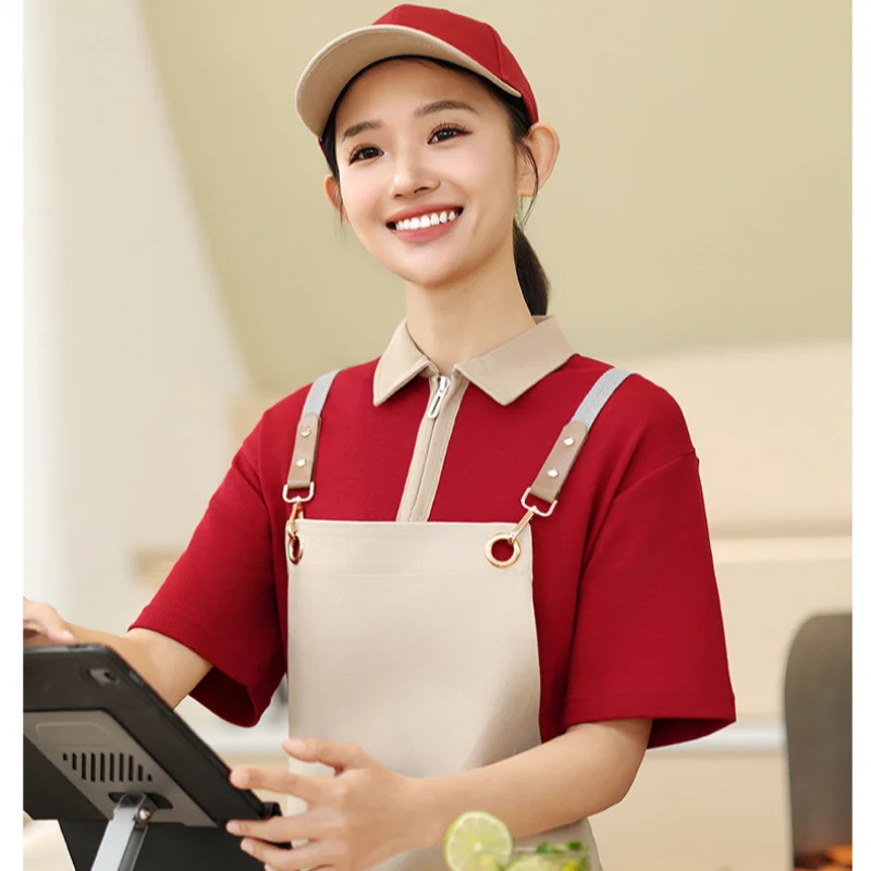 

Milk tea shop, hot pot restaurant, waiter work uniform, restaurant workwear, half-zip short-sleeve, summer comfortable and breat
