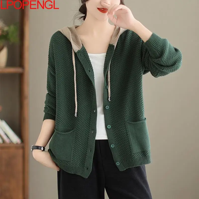 New Women Autumn Hooded Sweater Knitted Cardigan Vintage Loose Versatile Long Sleeve Contrasting Patchwork Single Breasted Coat