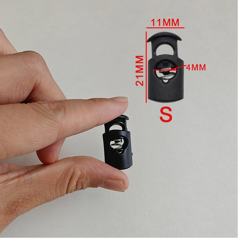 50 Stück Kunststoff-Kordelstopper Federklemmen für Kordelzug, Seil, Schlüsselband, Schnürsenkel, Kleidung, Schwarz, Einzelloch – Detail 2