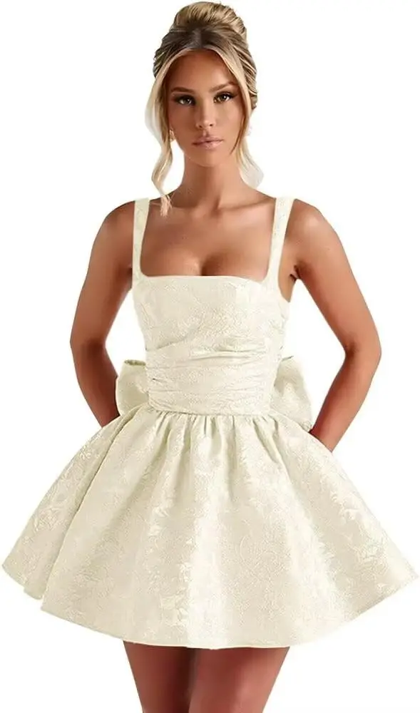 فساتين العودة للوطن من قماش الجاكار الساتان للمراهقين، حزام سباغيتي، رقبة مربعة، فستان كوكتيل قصير مع فيونكة، فساتين حفلة موسيقية