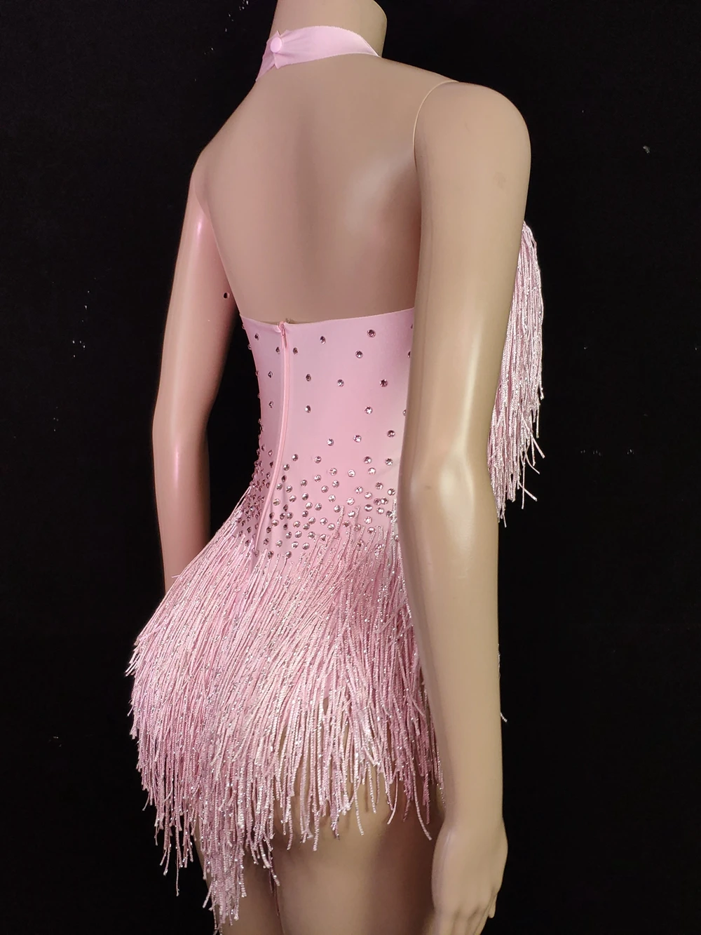 Sparkly Strass Fransen Rosa Body Frauen Nachtclub Dance Outfit Glisten Quaste einteiliges Bühne Tragen Sänger Sexy Trikot