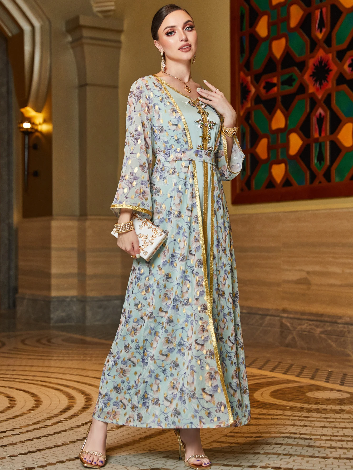 Fashion Pure Handwork Diamonds Muslim Kaftan For Women 2 Piece Suit Flower Printed Full Sleeve Sashes Elegant Turkish Long Dress